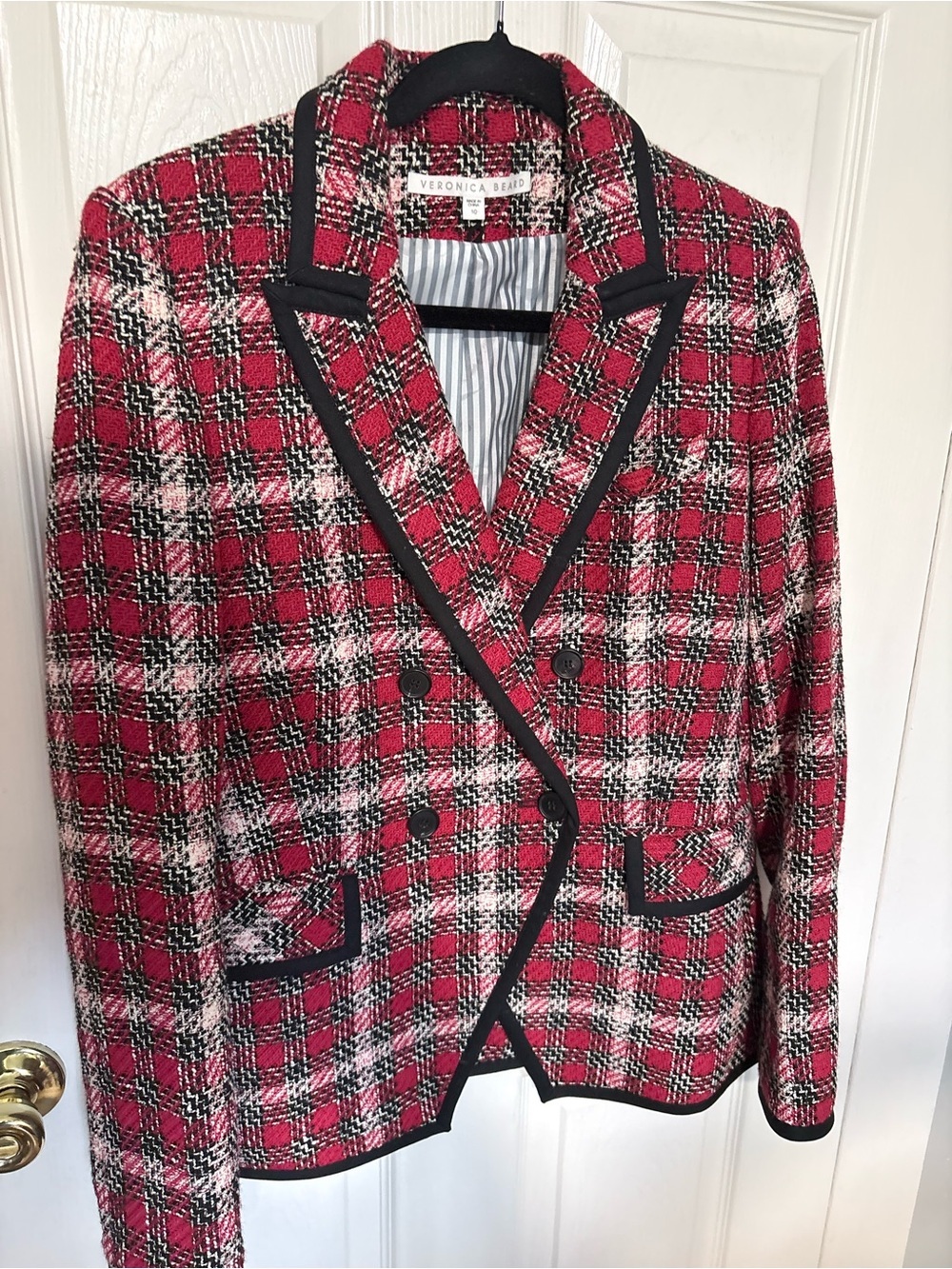 Veronica Beard | Red Plaid Tweed Double Breasted Blazer | Size 10 - Picture 2 of 12